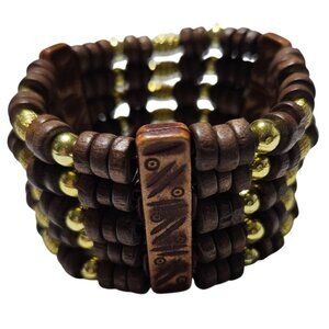 Handcrafted Boho Wooden Gold Beaded Stretch Bracelet Brown Fashion Jewelry Women
